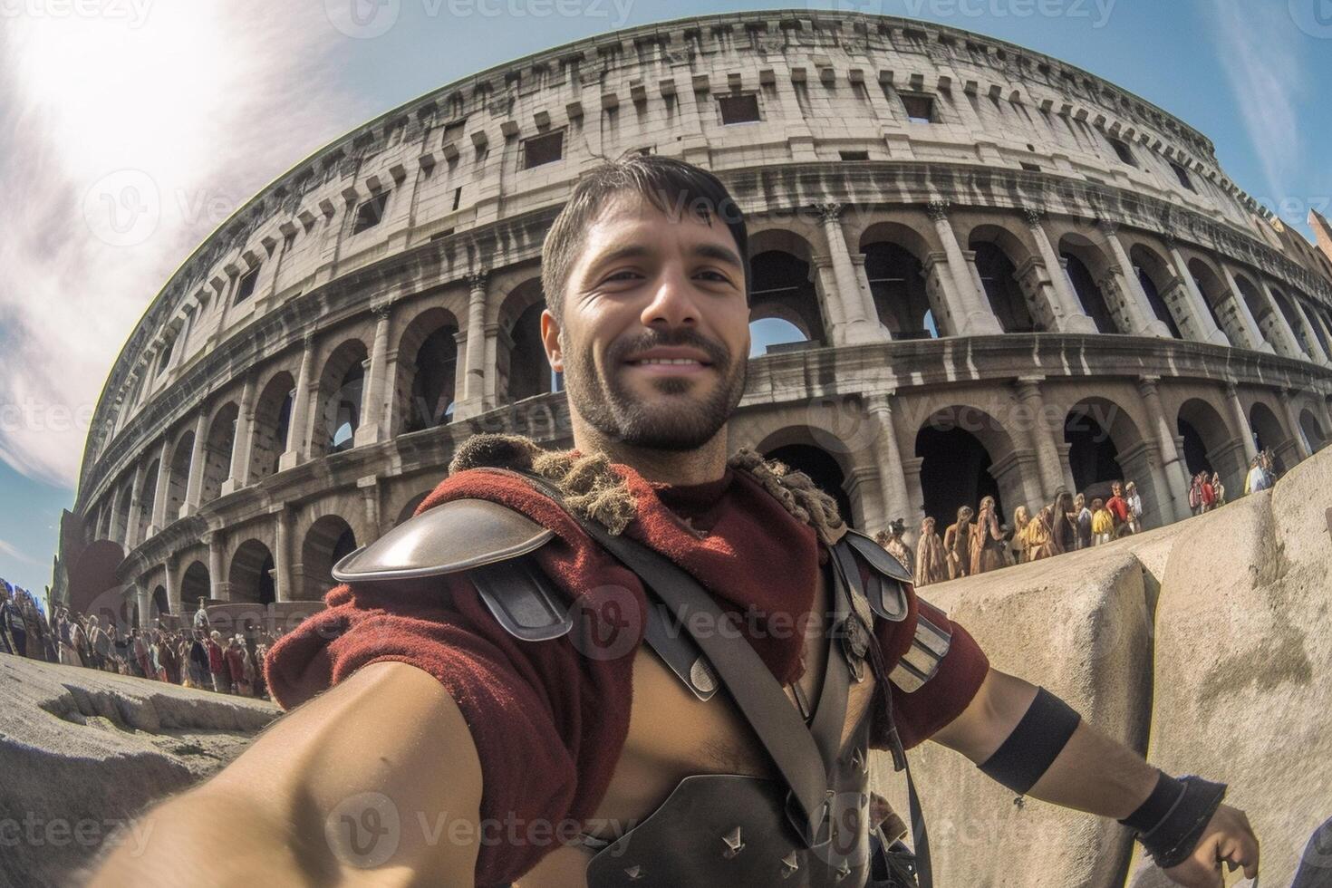 ai generativo feliz turista levando uma selfie às a Coliseu dentro Roma Itália foto