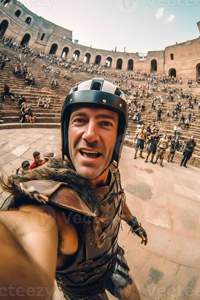 ai generativo feliz turista levando uma selfie às a Coliseu dentro Roma Itália foto