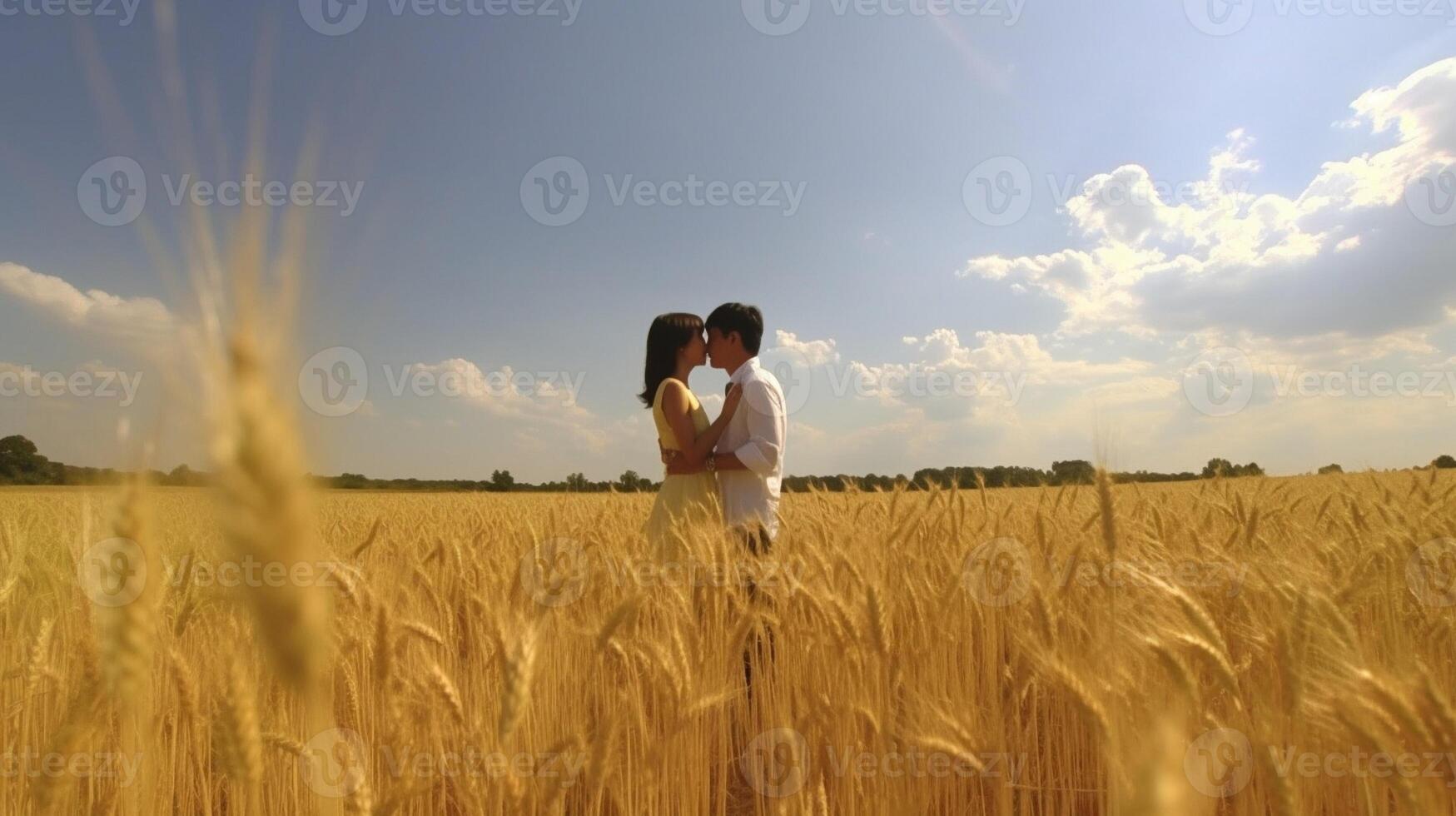 ai generativo feliz jovem casal tendo Diversão em uma trigo campo às verão dois amantes viajando dentro a natureza foto