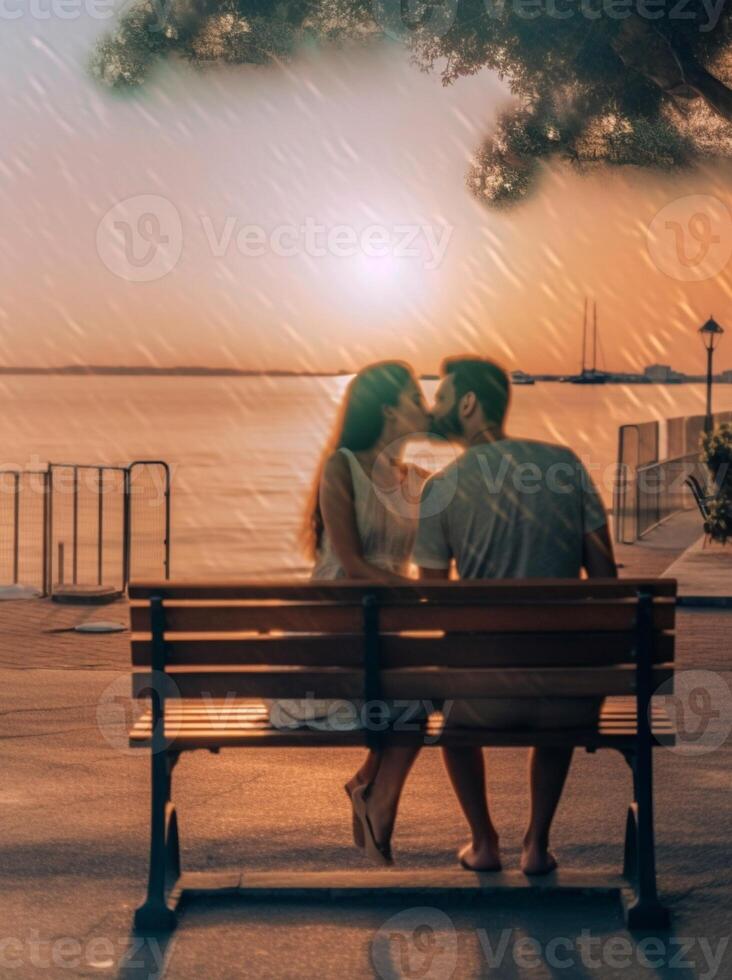 ai generativo amoroso casal é se beijando às a mar pessoas amor natureza e estilo de vida conceito foto
