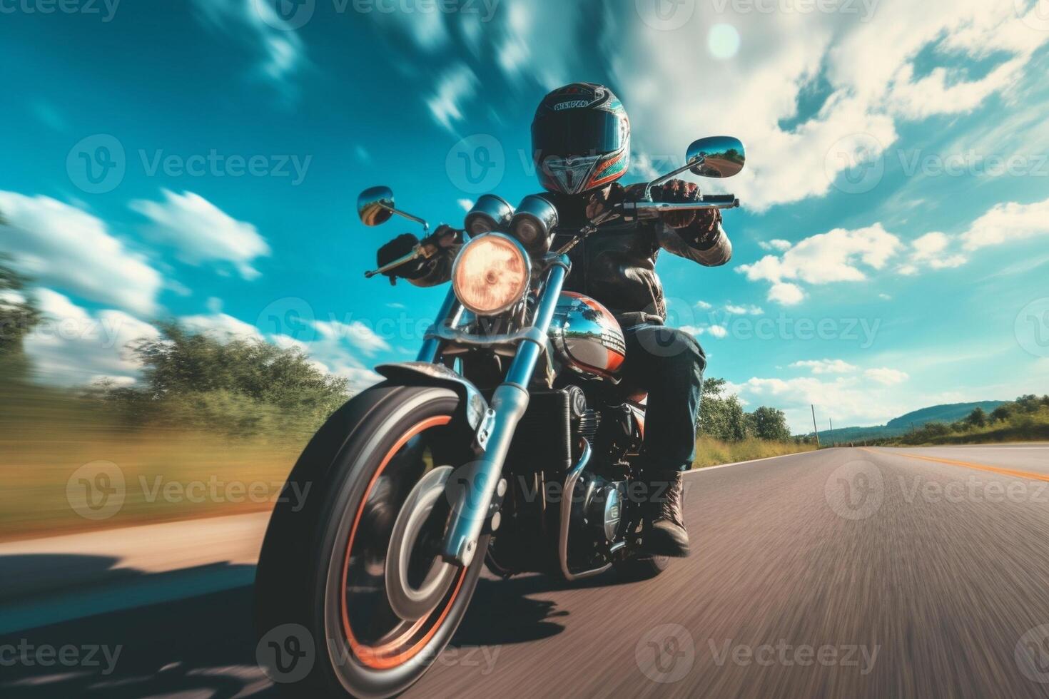 ai generativo homem é equitação uma motocicleta em a asfalto estrada foto