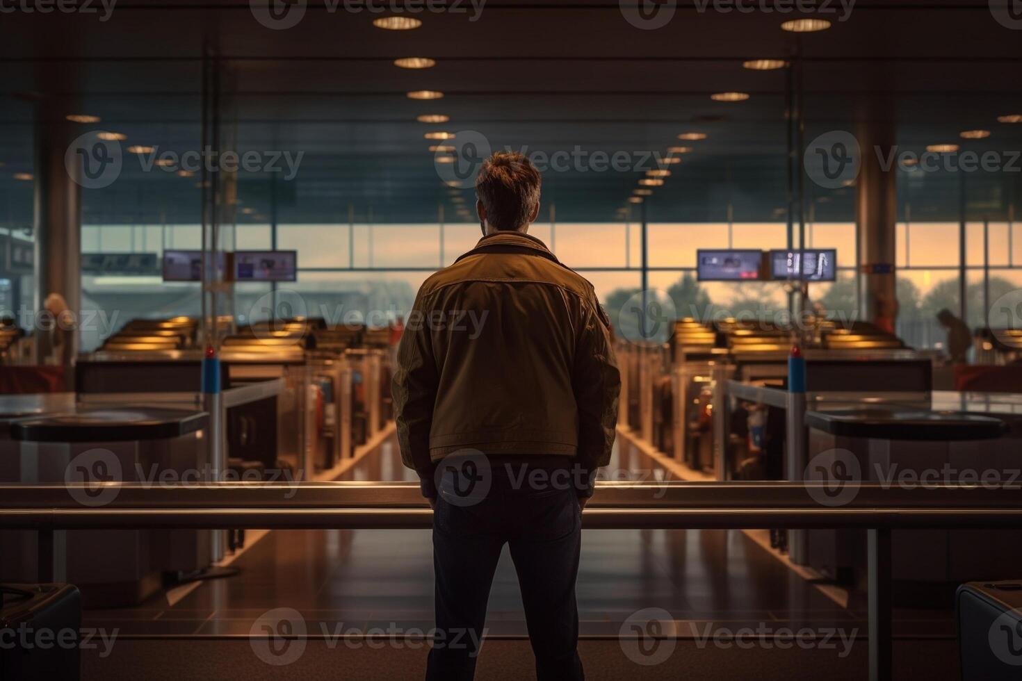 ai generativo homem turista carrinhos às quase esvaziar check-in contadores às a aeroporto terminal vencimento para coronavírus pandemia covid19 surto viagem restrições voar cancelamento conceito foto