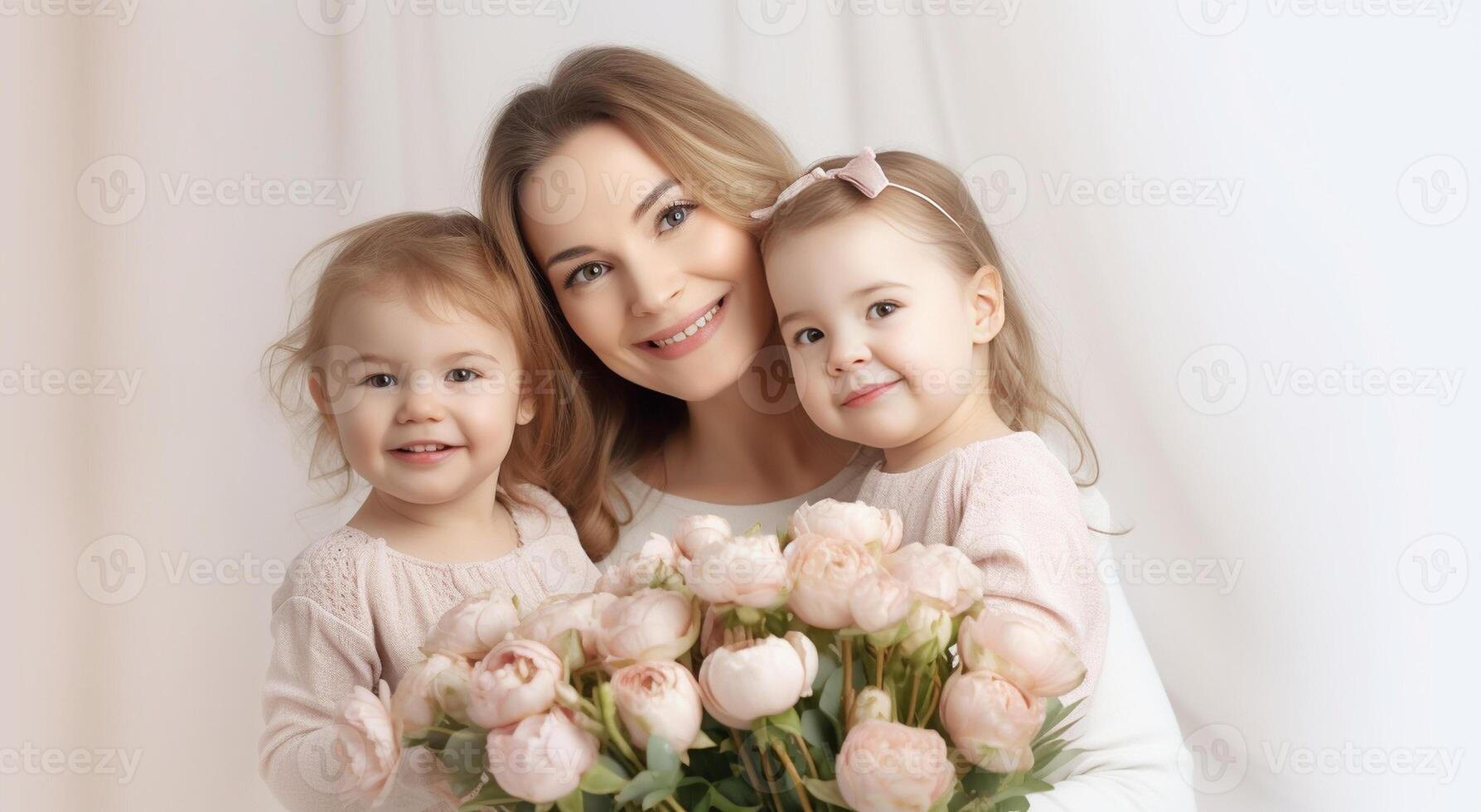 ai generativo mãe dia conceito amor do mãe e filhas alegre mãe é segurando agradável flores e é recebendo beijo a partir de dela dois filhas vintage filtro foto