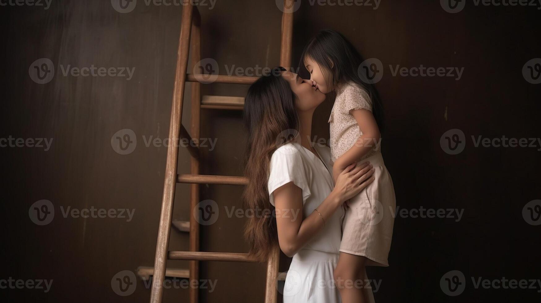 ai generativo mãe se beijando filha mãe partilha amor para dela criança feliz família conceito foto