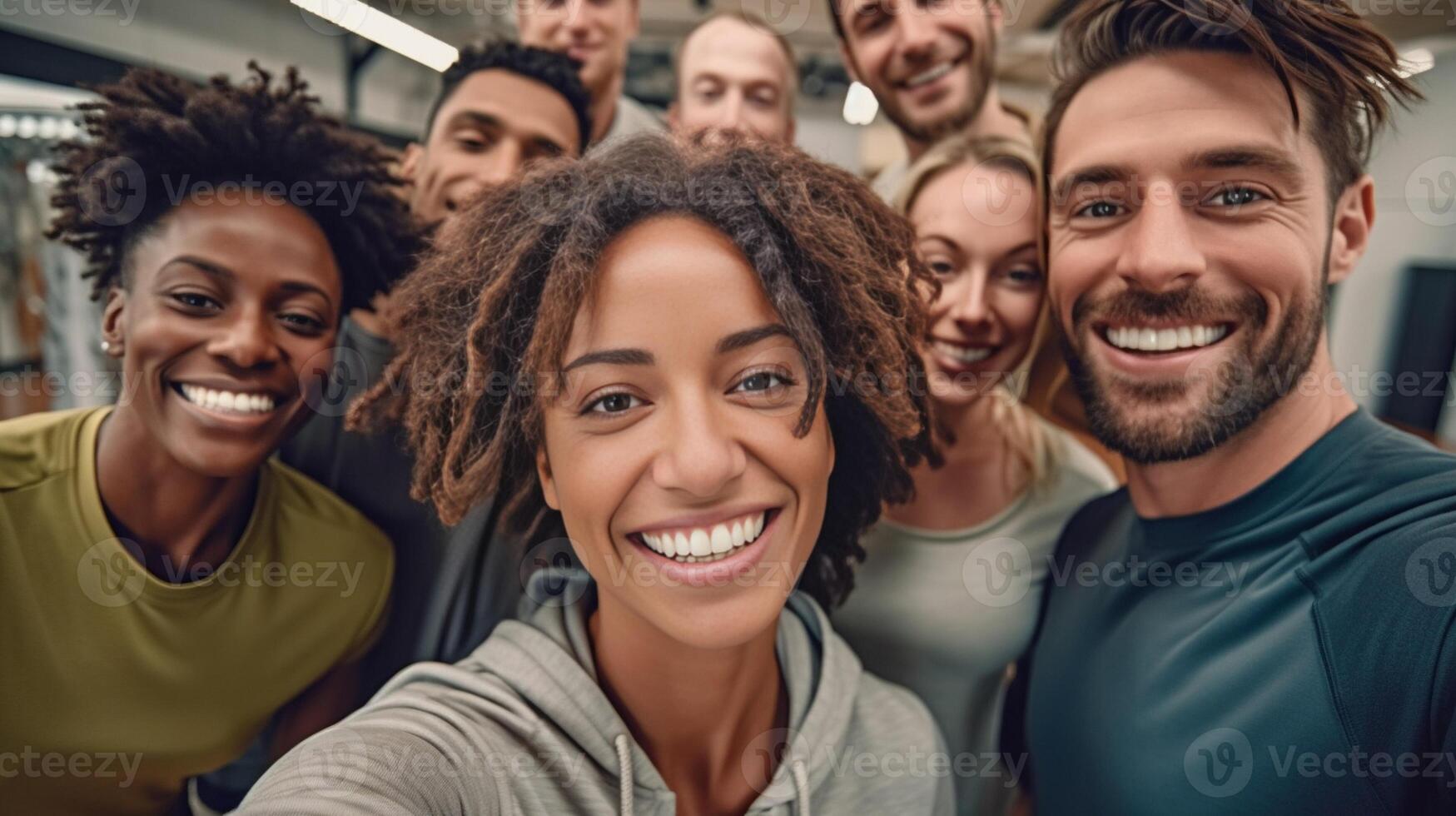 ai generativo multirracial grupo do amigos com cachorro levando selfie cenário juntos comunidade do diverso jovem pessoas sorridente olhando às Câmera amizade conceito com rapazes e meninas tendo Diversão foto