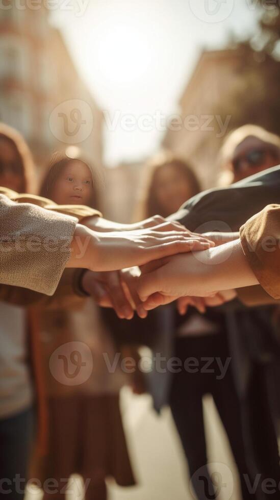 ai generativo multirracial grupo do jovem pessoas empilhamento mãos ao ar livre feliz amigos a comemorar sucesso em cidade rua juventude comunidade conceito com rapazes e meninas em pé juntos Apoio em foto