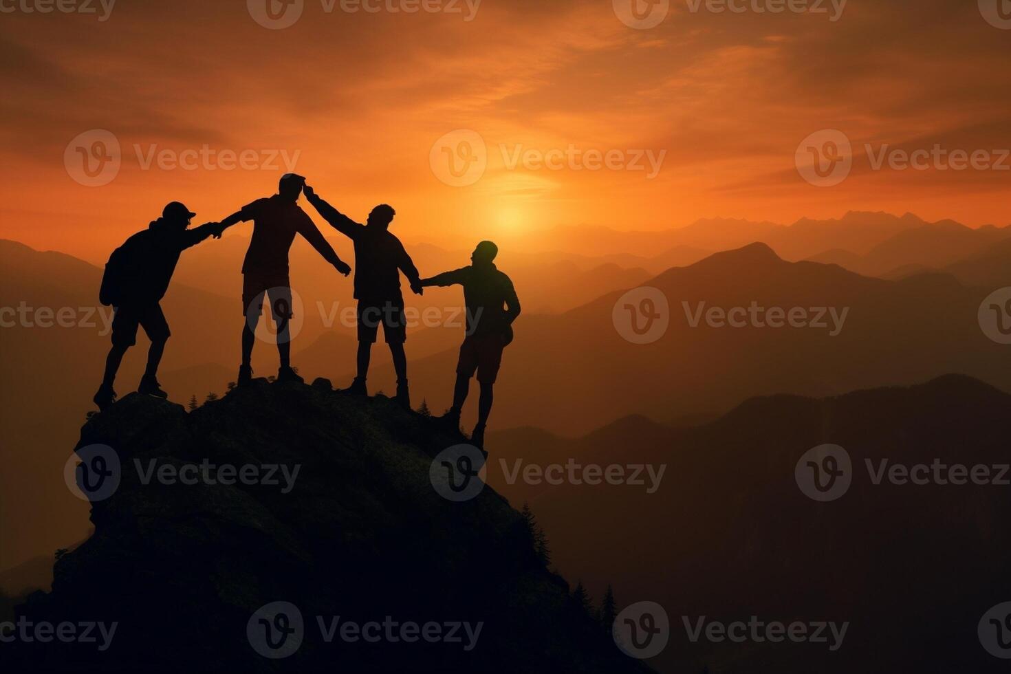 ai generativo pessoas ajudando cada de outros caminhar acima uma montanha às nascer do sol dando ajudando mão e trabalho em equipe conceito foto