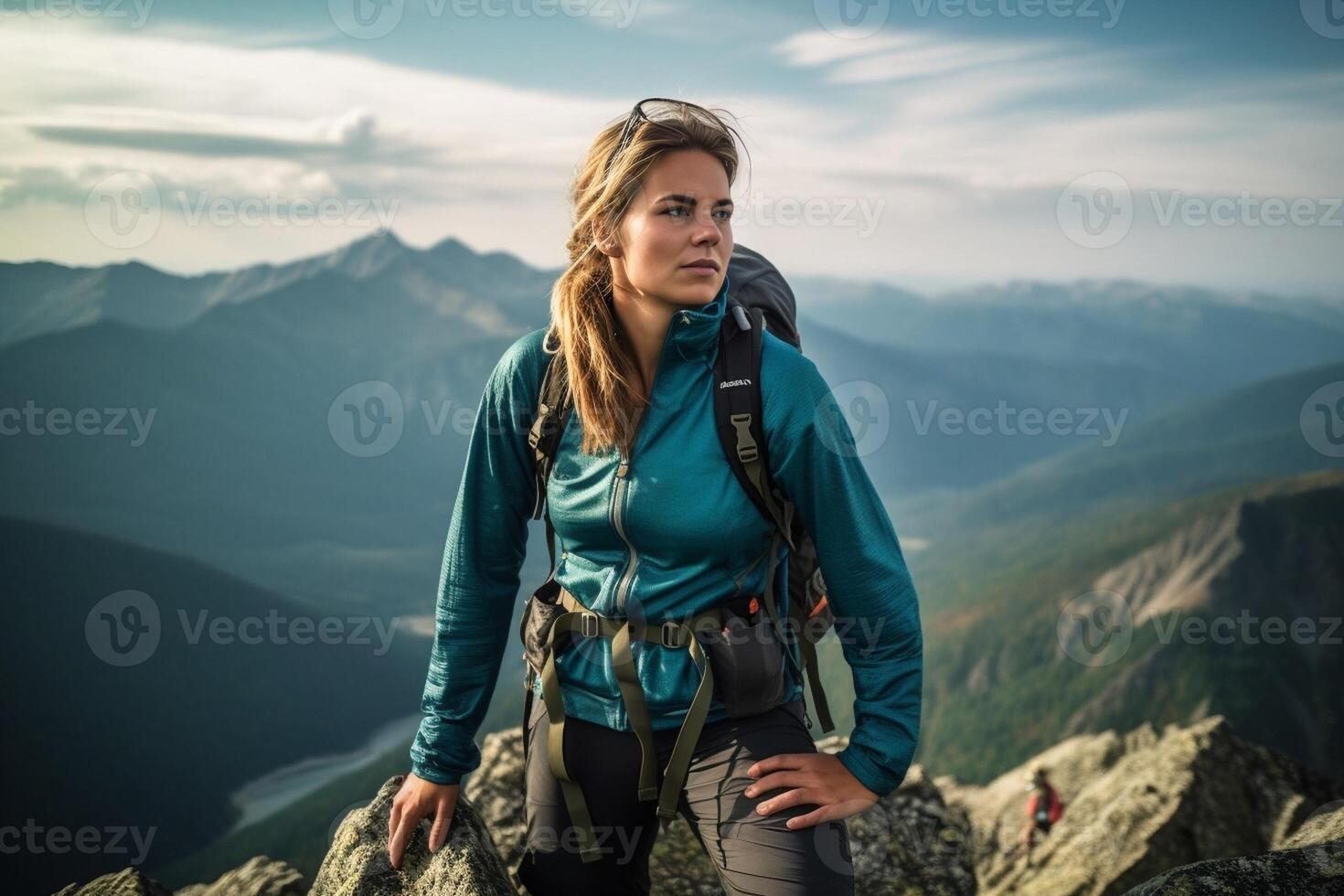 ai generativo retrato do uma feliz mulher caminhante em pé em a topo do montanha cume contra montanhas esporte e saudável estilo de vida conceito foto