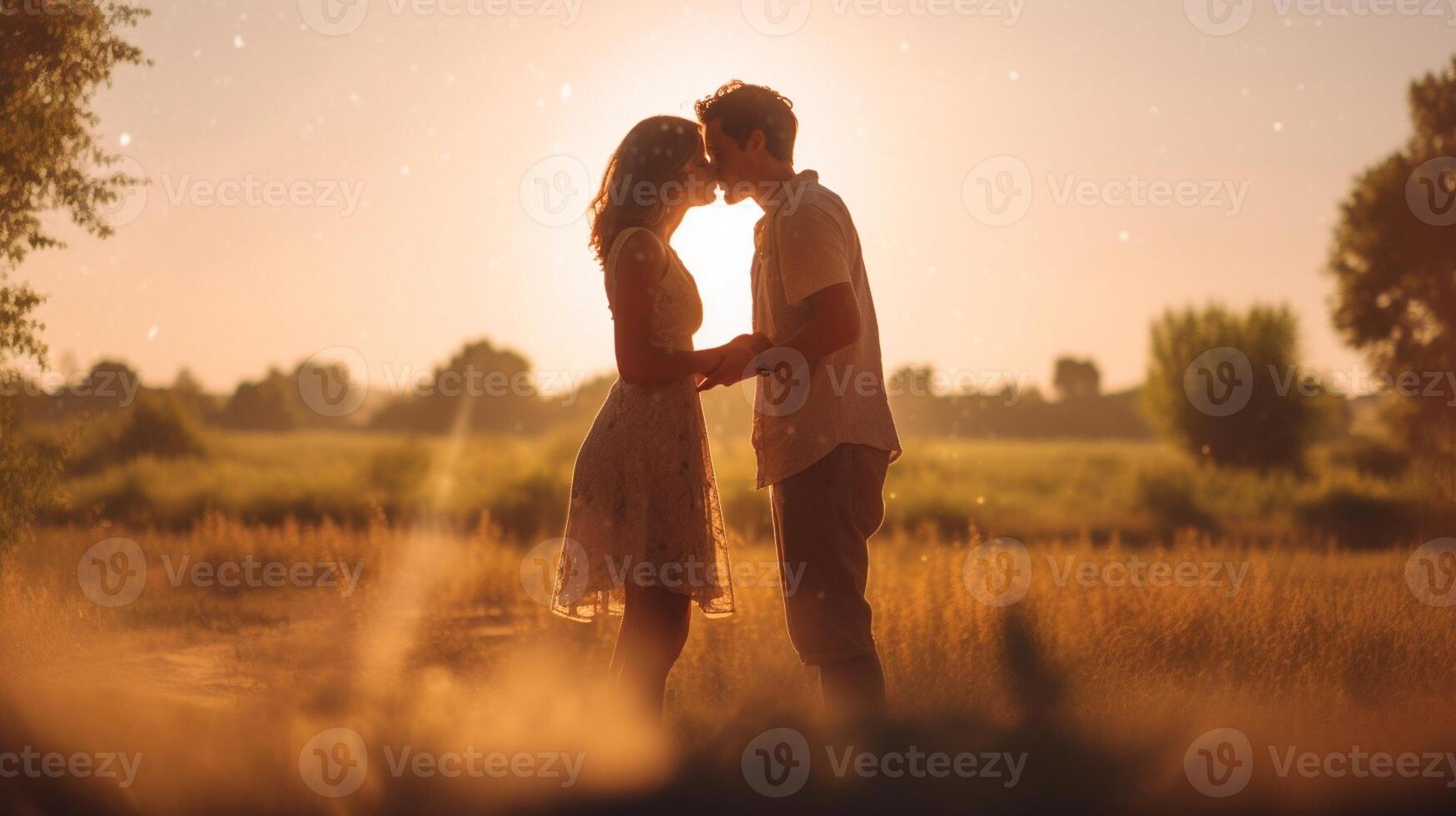 ai generativo romântico casal dentro amor estão se beijando às pôr do sol ao ar livre foco em a homem foto
