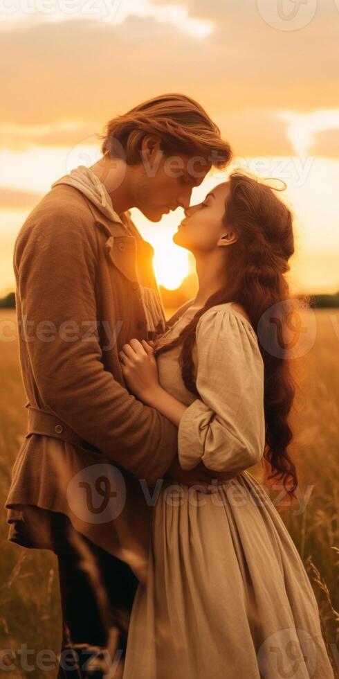 ai generativo romântico casal se beijando às pôr do sol em uma trigo campo foto
