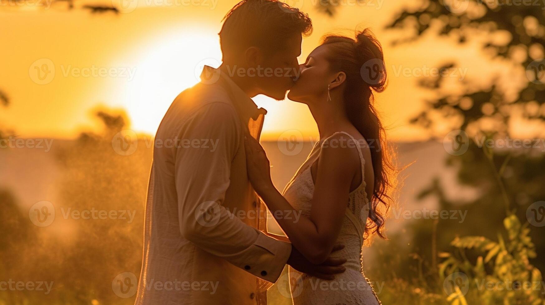 ai generativo romântico casal se beijando às pôr do sol ao ar livre foto