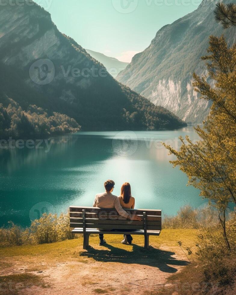 ai generativo romântico casal do adultos dentro amor lendo aventura diário juntos turista dentro amor visitando a alpino lago às braies Itália às outono outono casal desejo de viajar e viagem conceito frio foto