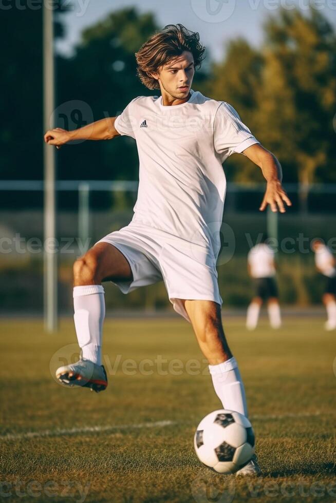 ai generativo futebol jogador dentro açao em a futebol estádio homem jogando futebol em pôr do sol futebol e esporte campeonato conceito foto