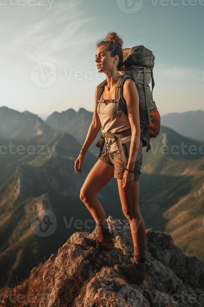 ai generativo bem sucedido caminhante caminhada em montanha pico jovem mulher escalada em montanha penhasco às verão foto