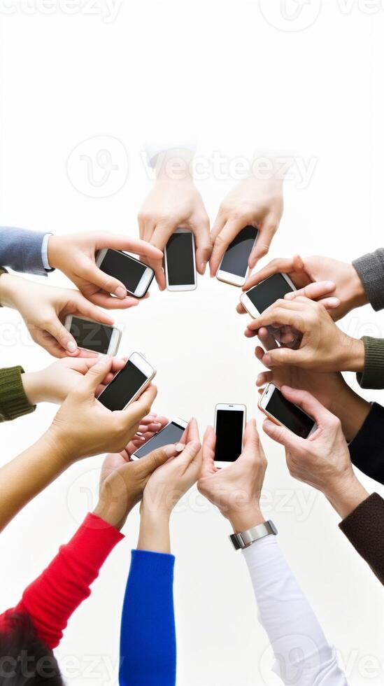 ai generativo adolescentes dentro círculo segurando inteligente Móvel telefones multicultural jovem pessoas usando celulares lado de fora adolescentes viciado para Novo tecnologia conceito foto