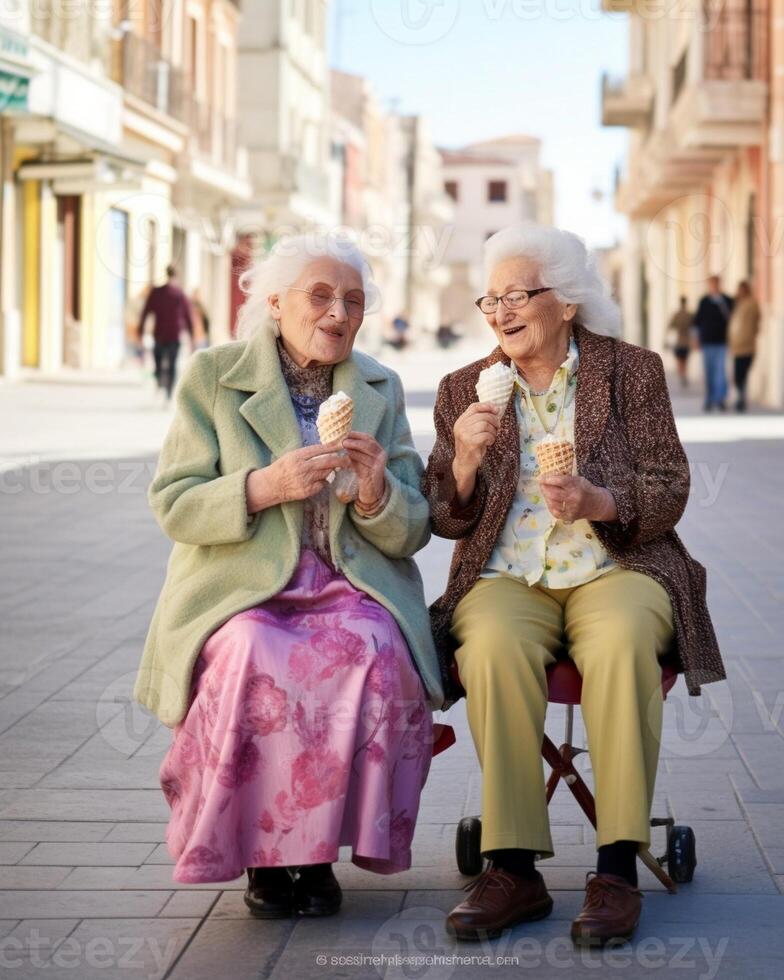 ai generativo três maduro mulheres comendo gelo creme cone lado de fora Mais velho fêmea amigos tendo Diversão caminhando em cidade rua alegre idosos estilo de vida conceito foto