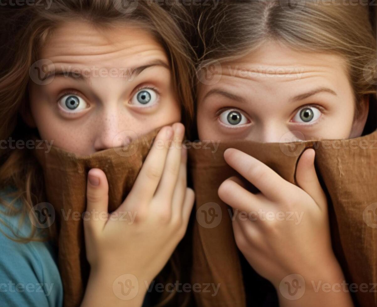 ai generativo dois meninas falando dentro segredo sobre seus amigo caucasiano pessoas pessoas conceito foto