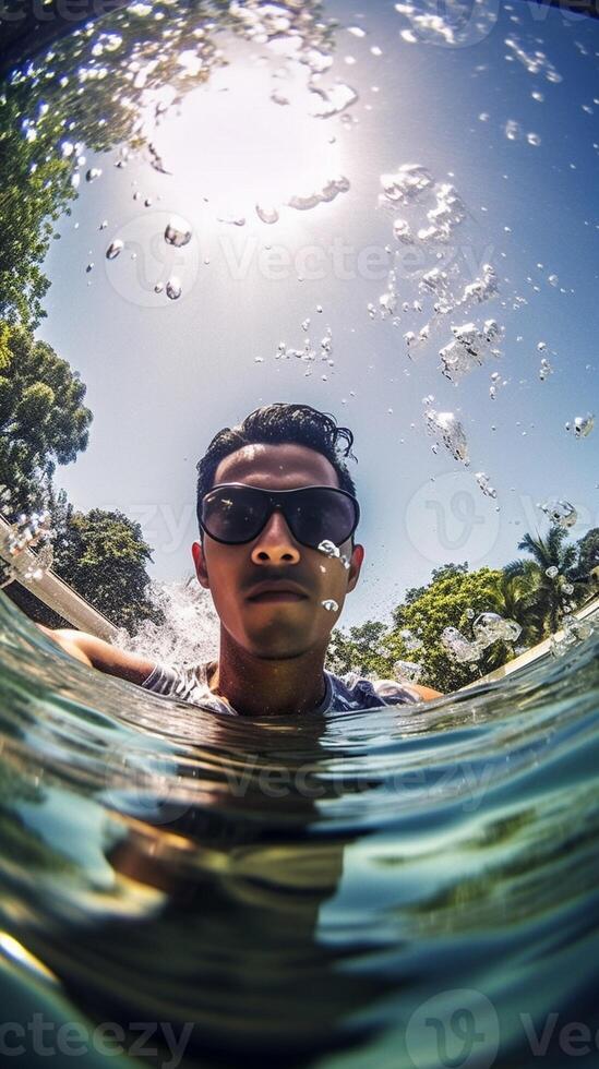 ai generativo embaixo da agua selfie com uma homem snorkeling dentro a azul mar foto