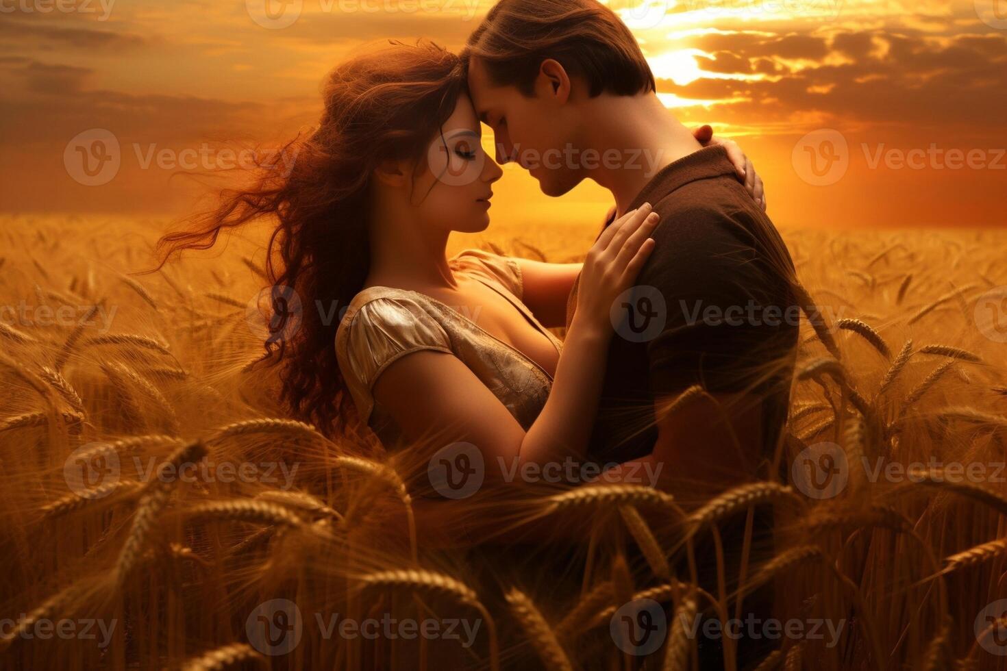 ai generativo jovem casal se beijando em a fundo do uma pôr do sol dentro a trigo campo foto