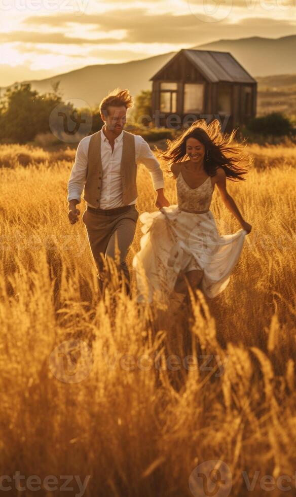 ai generativo jovem casal do amantes corrida em uma trigo campo feliz namorado e namorada desfrutando liberdade ao ar livre viajando e amor conceito com cara e menina em pé juntos dentro a nat foto