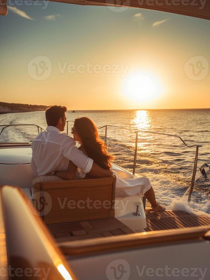 ai generativo jovem casal relaxante em iate cruzeiro dois amantes desfrutando verão período de férias experiência em vela barco às a mar horário de verão feriados e luxo viagem conceito foto