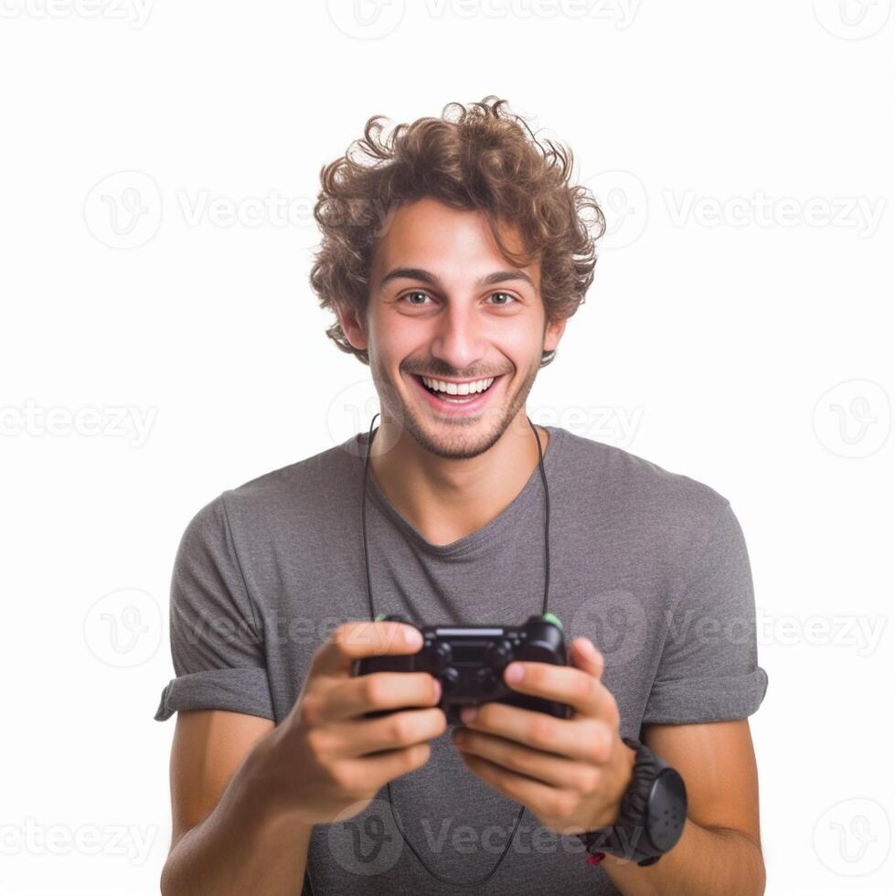 ai generativo jovem homem com uma controle de video game para jogos console foto