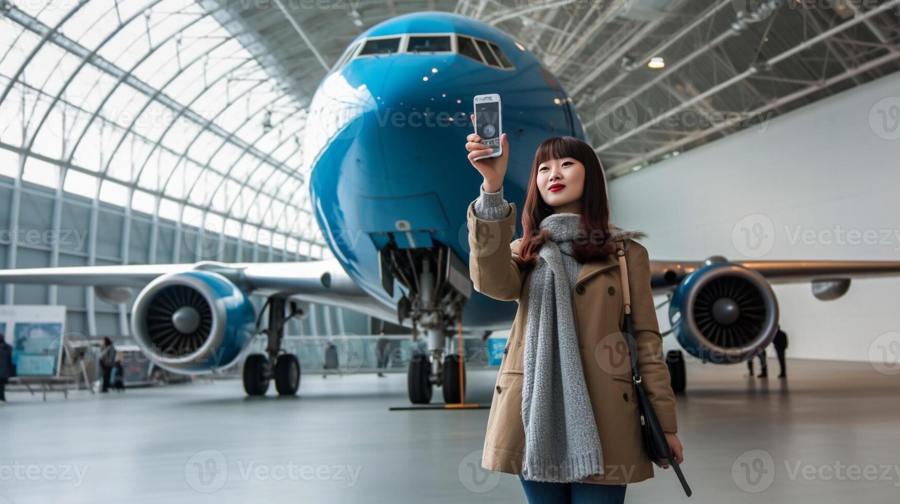 ai generativo jovem mulher leva uma selfie às a aeroporto dentro frente do uma avião antes a saída conceito sobre viagem e tecnologia foto