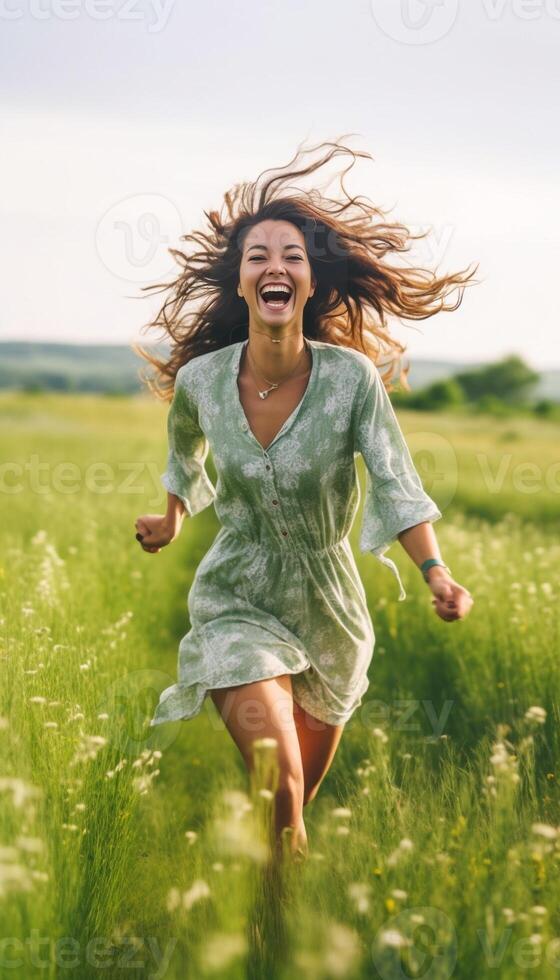 ai generativo menina anda em em uma gramado sorridente estilo de vida conceito foto