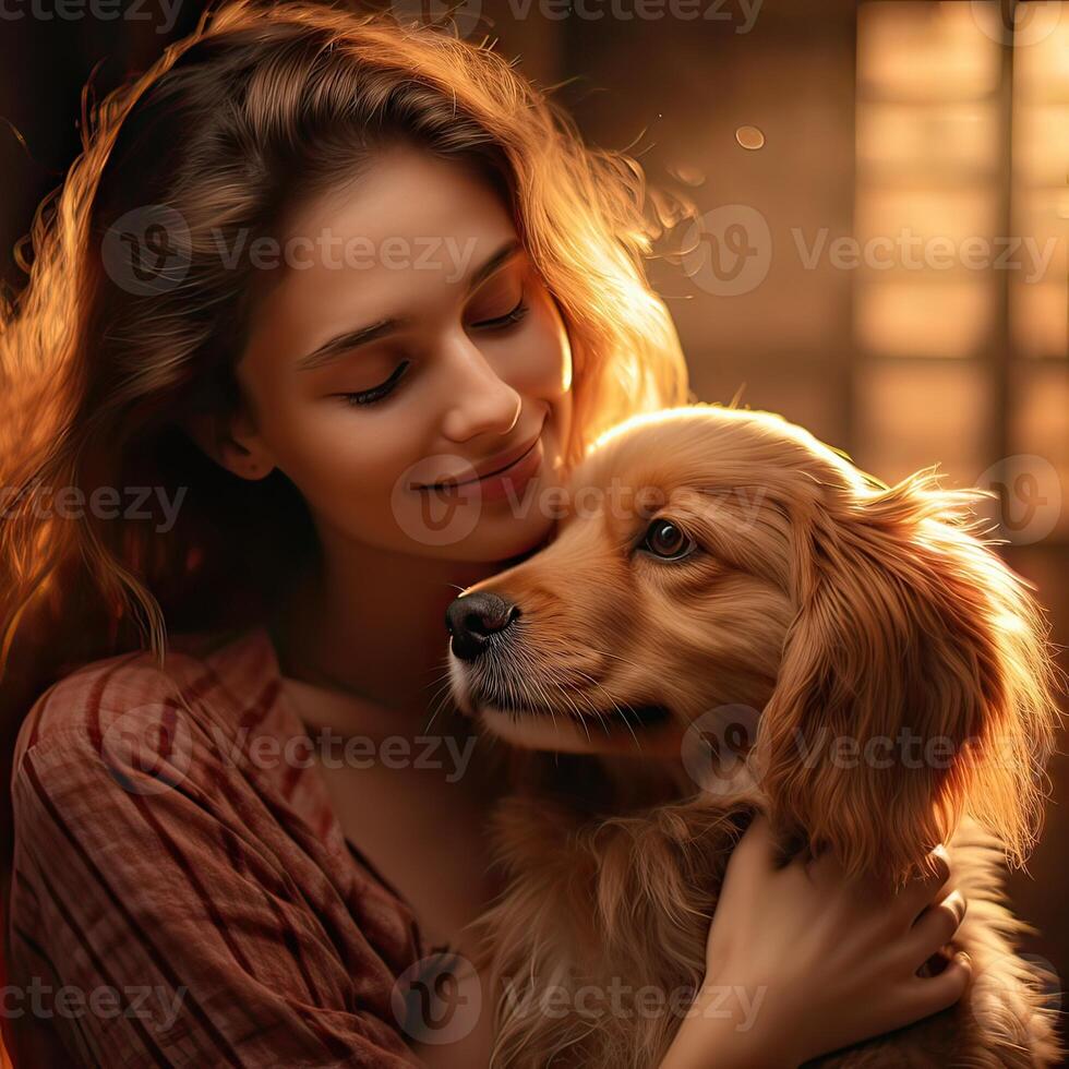 jovem mulher com dela cachorro.ela abraço cachorro e exemplificando a companhia do uma aceita animais de estimação estilo de vida Como a cachorro. generativo ai ilustração. foto