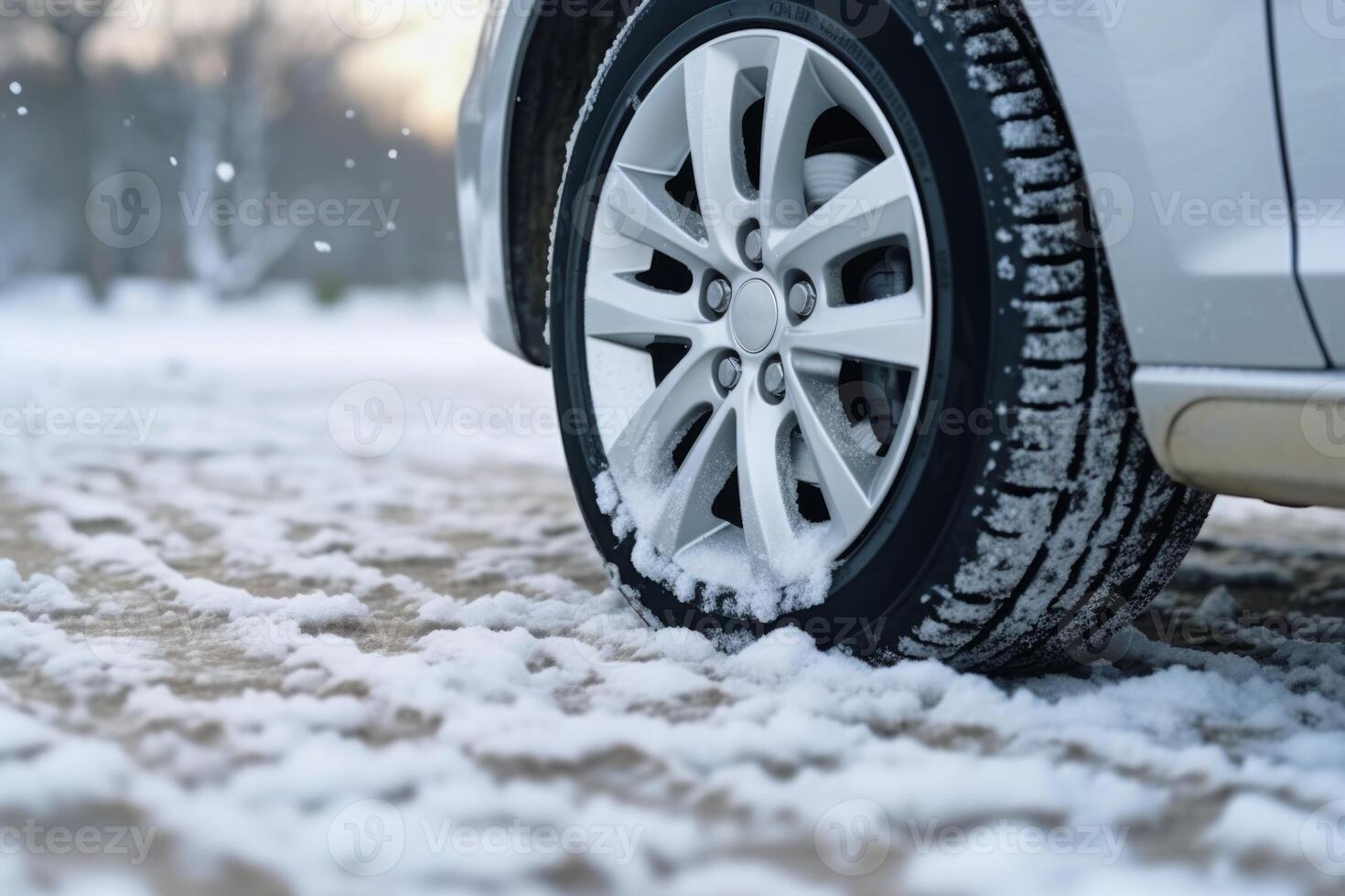 ai gerado inverno pneu coberto dentro neve Nevado estrada gelo gelado carro roda dirigir segurança seguro dirigindo transporte condição mudança veículo auto escorregadio Perigo geada proteção clima perigoso fora da estrada foto