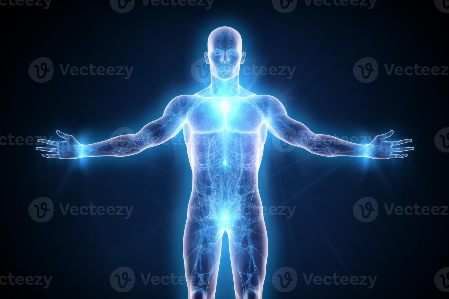 ai gerado Forte humano corpo energia poderoso imaginação evolução superior inteligência transformação silhueta visão Deus 3d instantâneo concentração astral gesto brilho liberdade reencarnação conectar foto