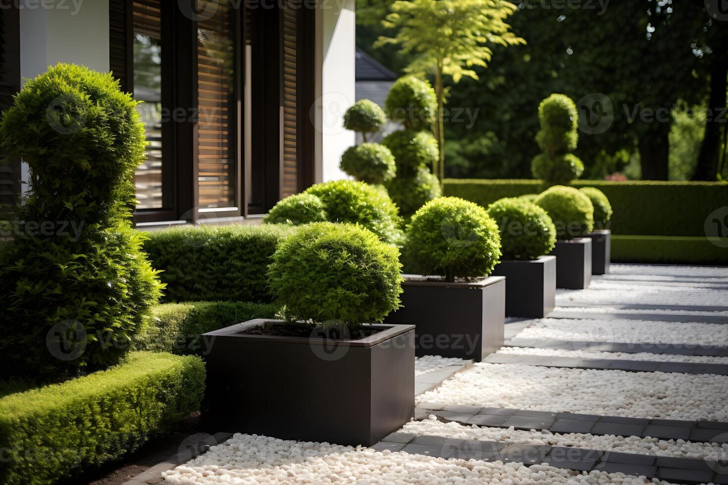 ai gerado profissionalmente paisagístico quintal jardim com uniformemente ceifada gramado e aparado arbustos. foto