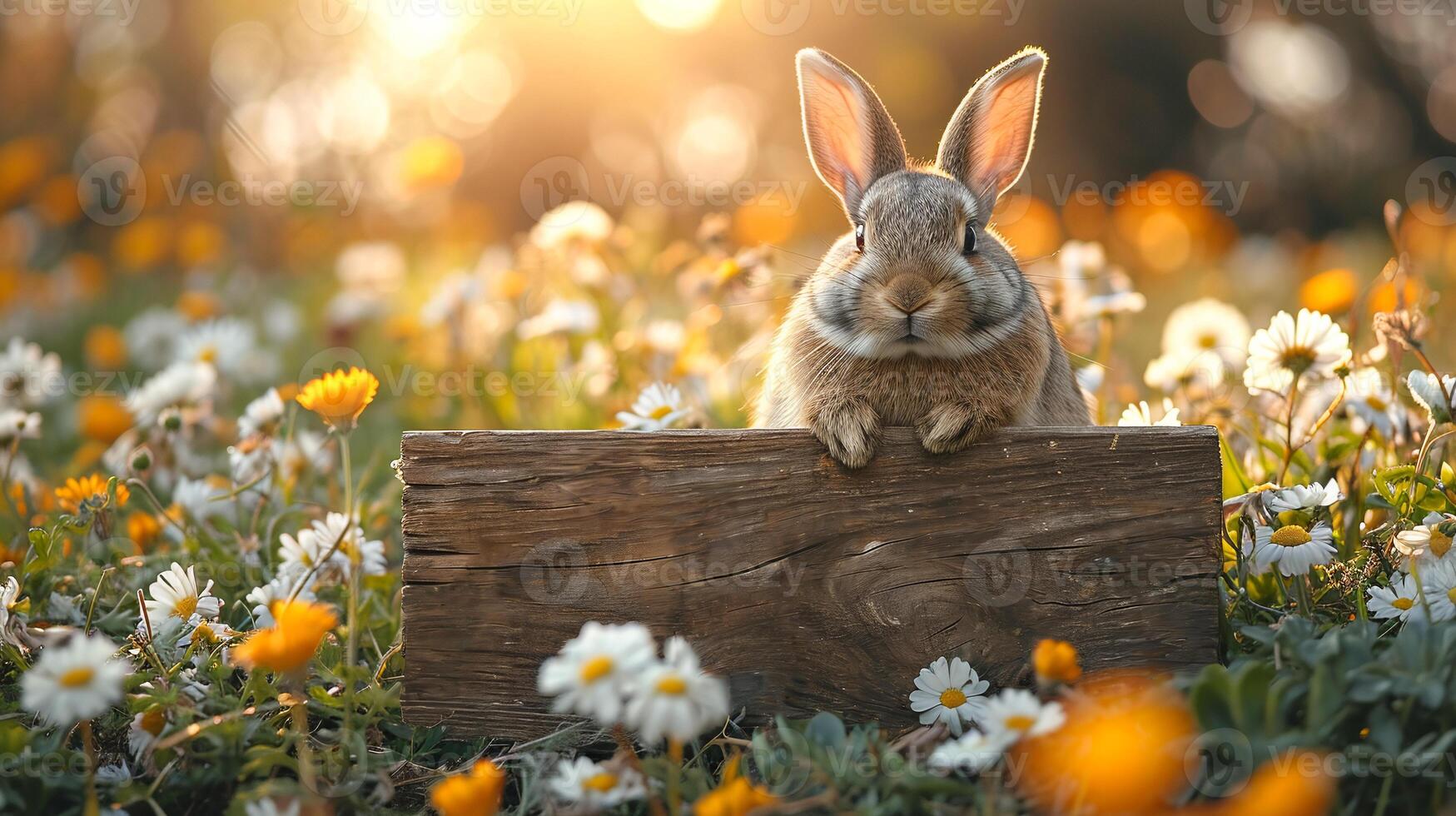 ai gerado fofa Coelho em de madeira placa entre Primavera margaridas às pôr do sol, perfeito para Páscoa ou animal temas. foto