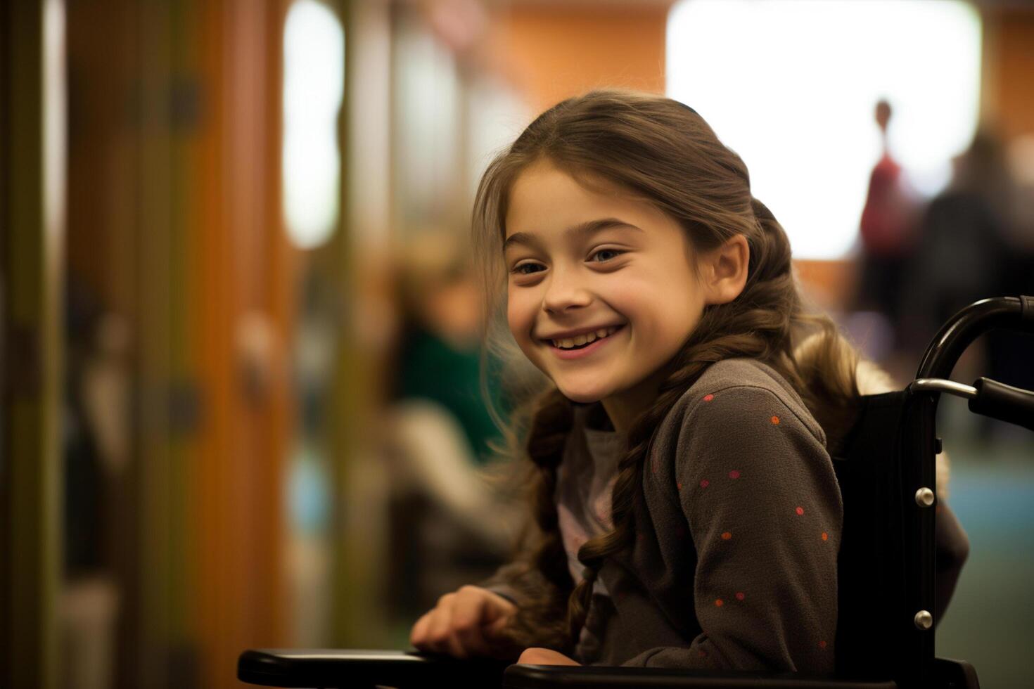 ai gerado jovem Desativado menina sentado em cadeira de rodas às escola sorridente bokeh estilo fundo com generativo ai foto