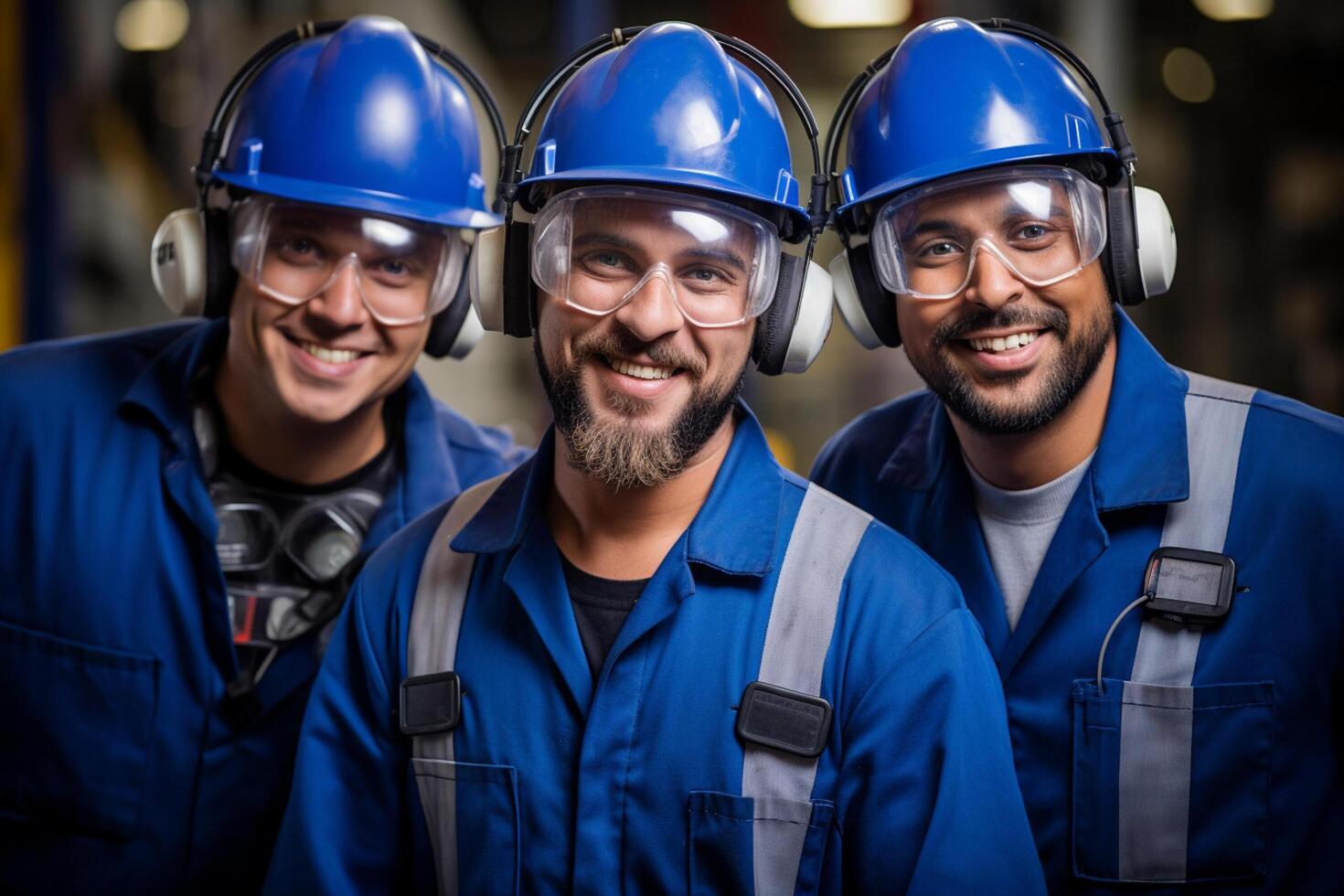 ai gerado três manutenção engenheiro vestindo azul uniforme sorridente bokeh estilo fundo com gerado ai foto