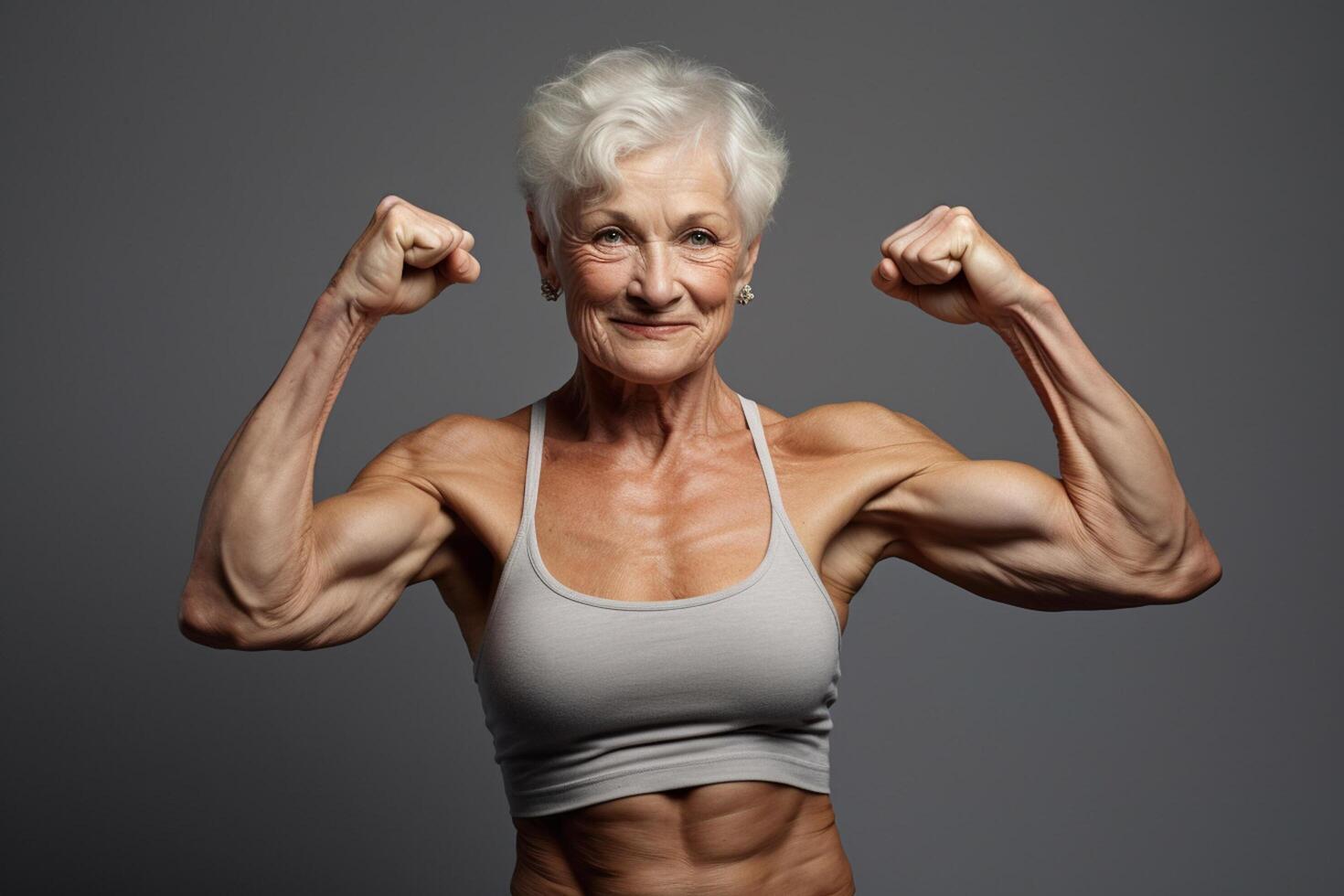 ai gerado a idosos mulher mostrar dela músculo em Sombrio fundo com generativo ai foto