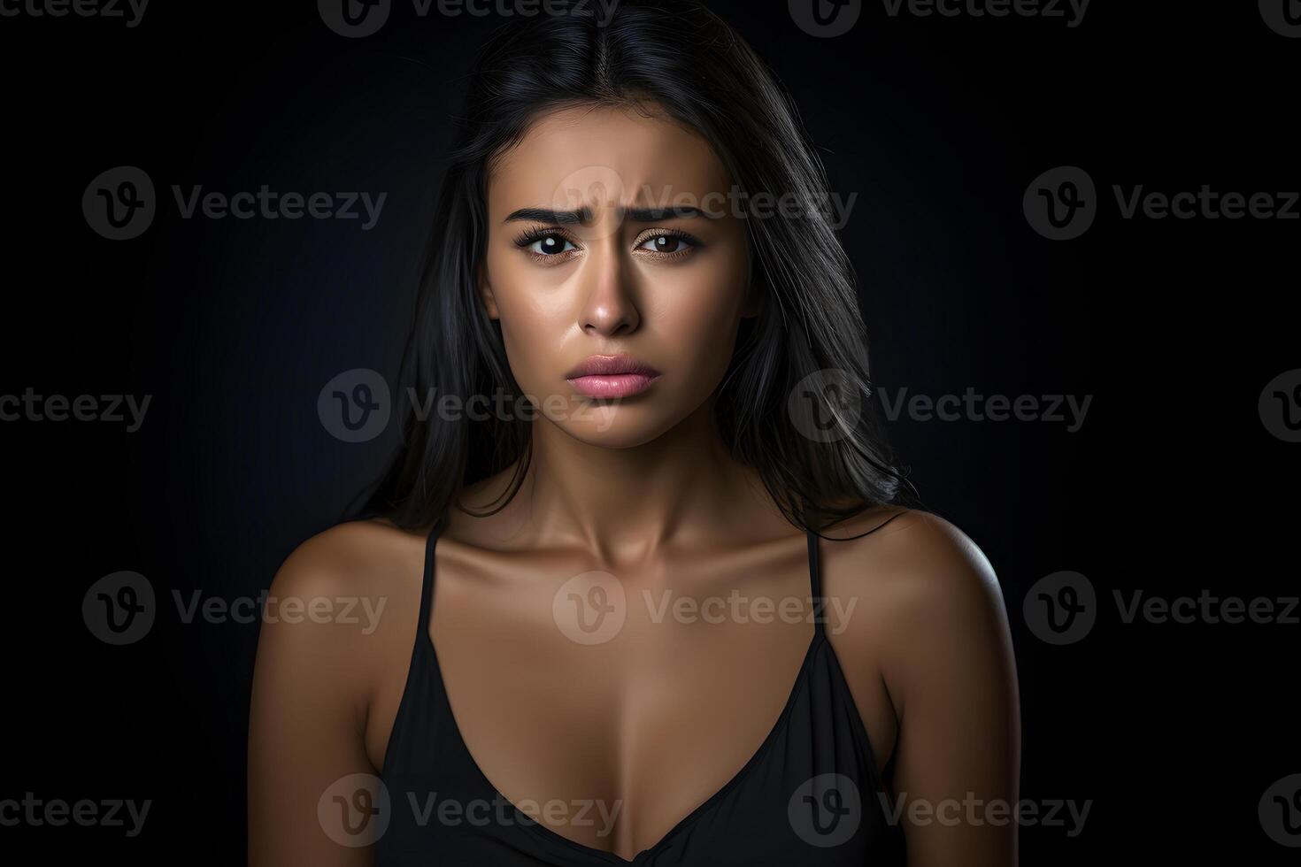 ai gerado triste jovem adulto latim americano mulher em Preto fundo. neural rede gerado fotorrealista imagem. foto