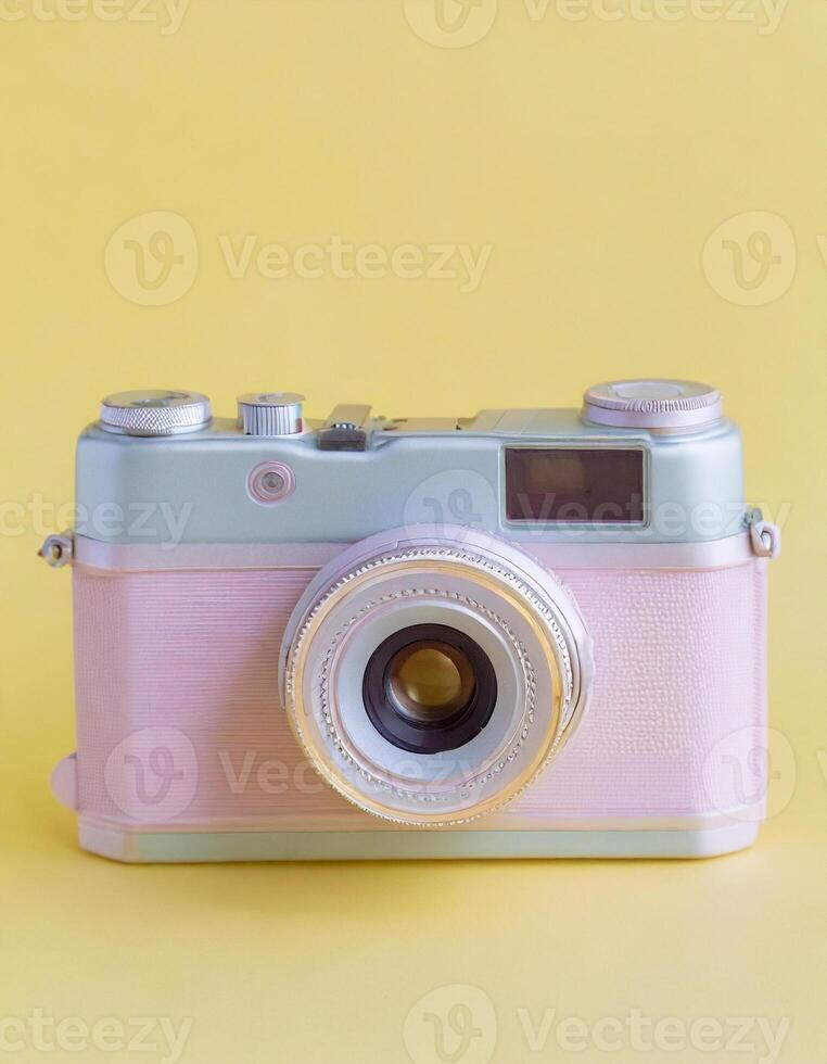 ai gerado retro analógico filme Câmera, Rosa equipamento em colorida fundo foto