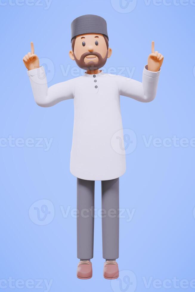 3d homem muçulmano saudações, saudações, apontando e segurando telefone enquanto sorridente com azul fundo foto