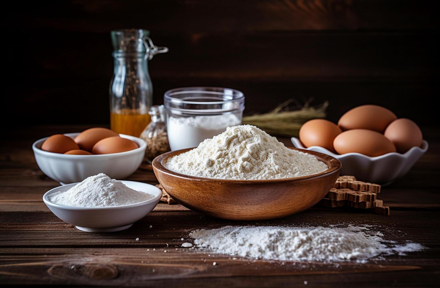 ai gerado cozimento ingredientes e cozinha utensílios em rústico estilo fundo.. foto