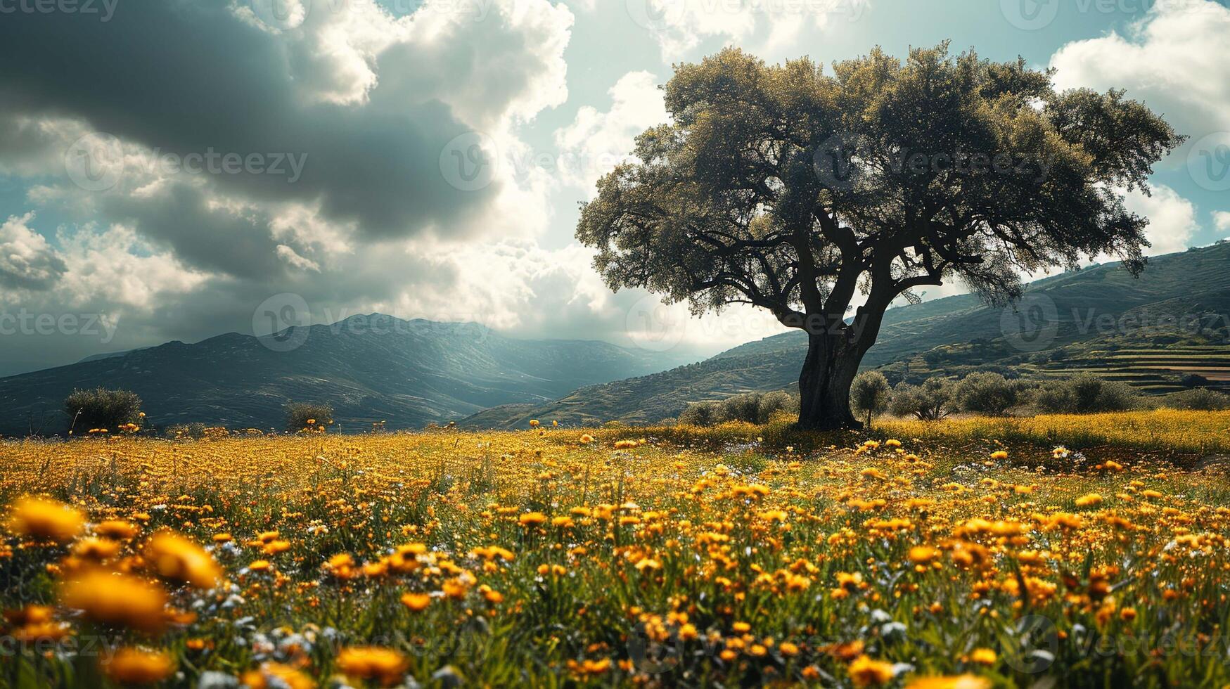 ai gerado enorme árvore e flor campo, céu e nuvem. natureza e panorama viagem. estação verão. foto