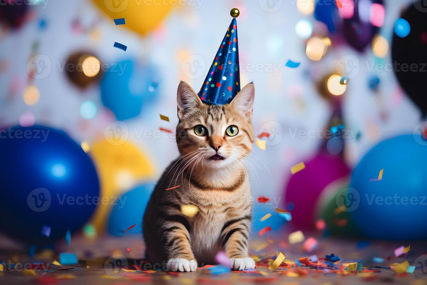 ai gerado feliz fofa gato dentro uma festa chapéu goza e comemora uma aniversário cercado de queda confete e balões. animal aniversário conceito em brilhante fundo. foto