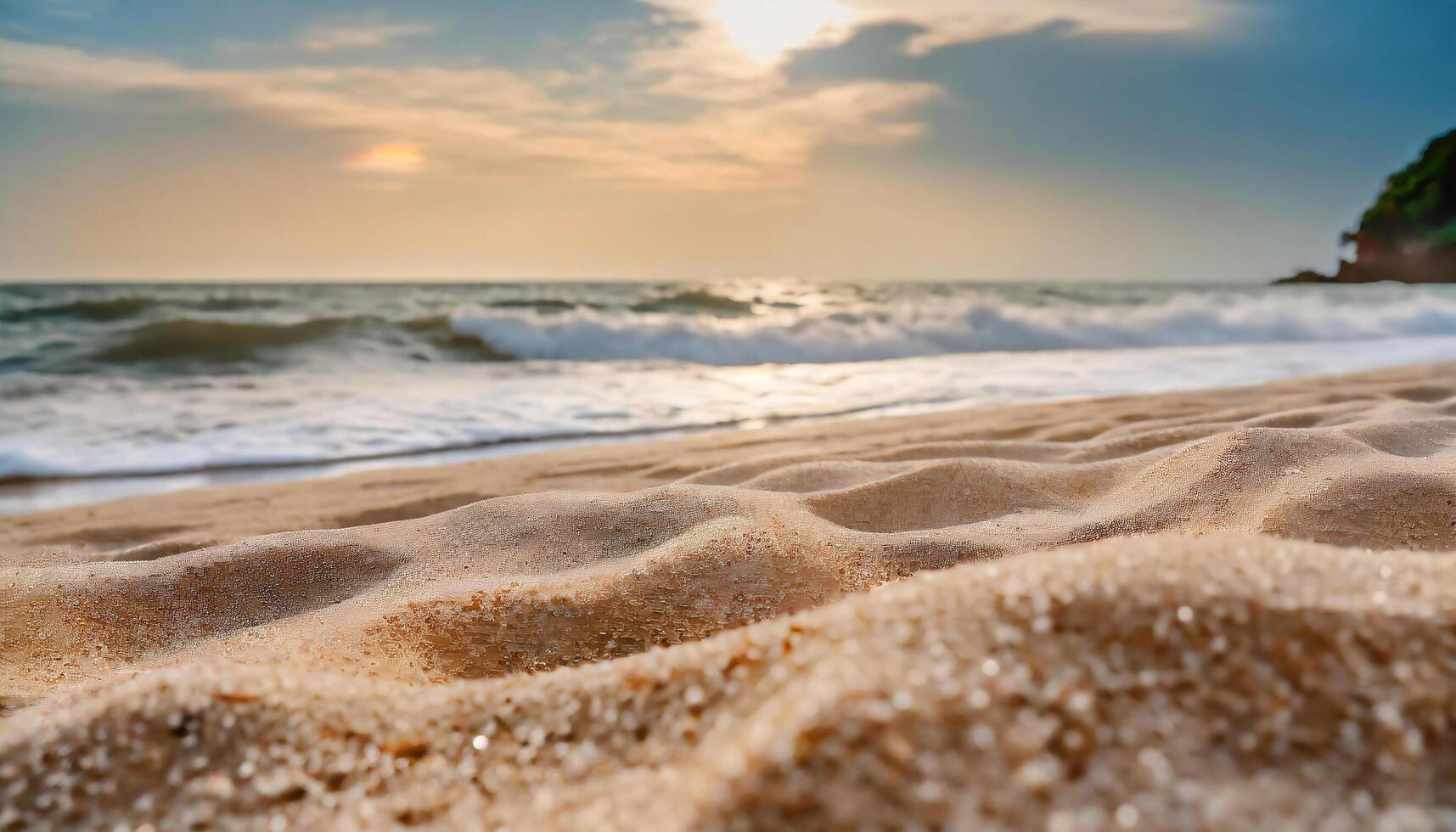 ai gerado fechar acima areia com borrado mar céu fundo, verão dia, cópia de espaço ou para produtos. verão foto