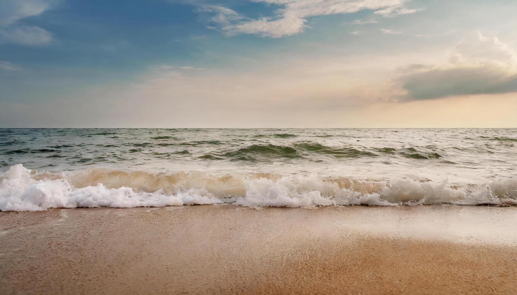 ai gerado fechar acima areia com borrado mar céu fundo, verão dia, cópia de espaço ou para produtos. verão foto