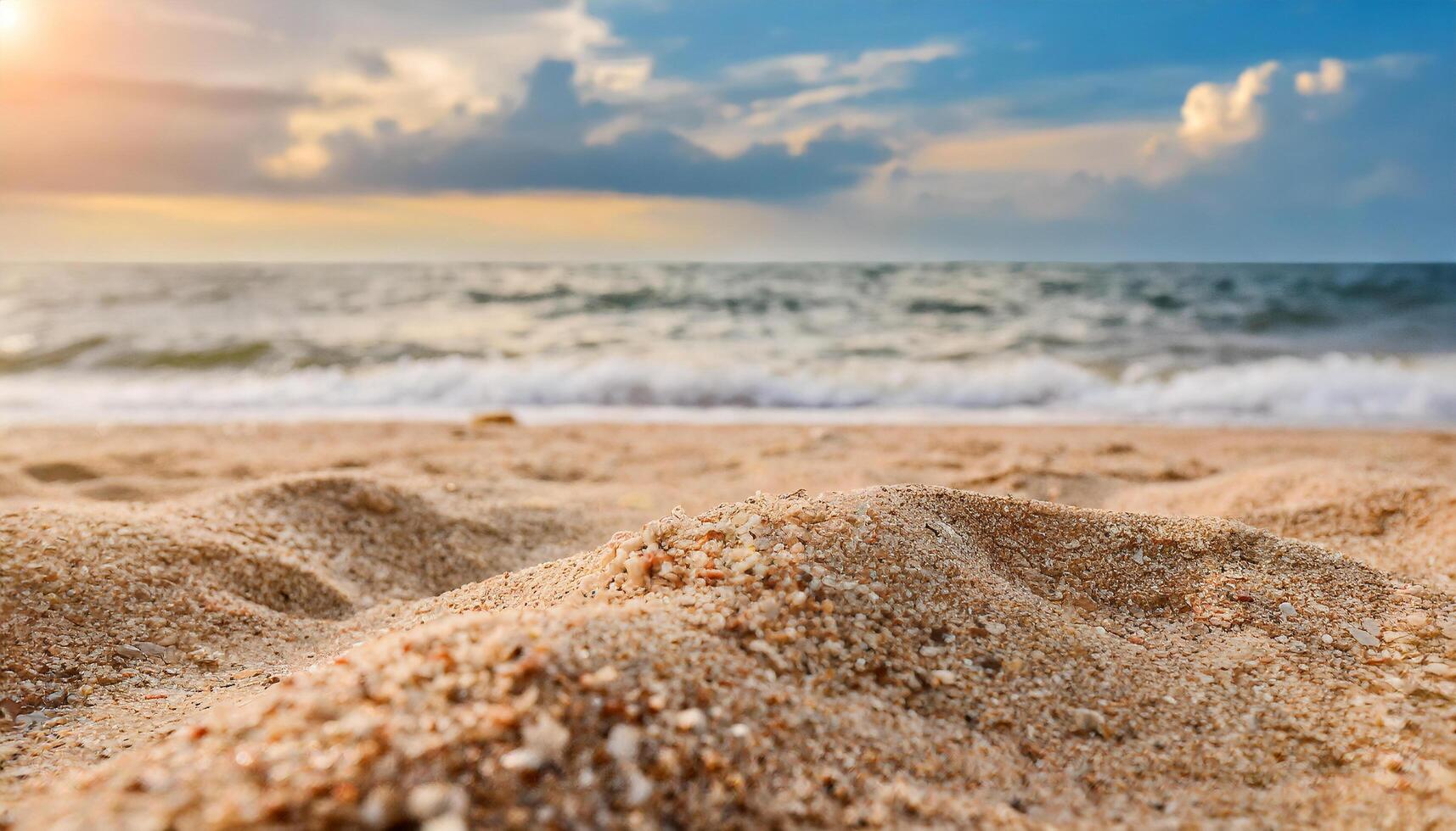 ai gerado fechar acima areia com borrado mar céu fundo, verão dia, cópia de espaço ou para produtos. verão foto