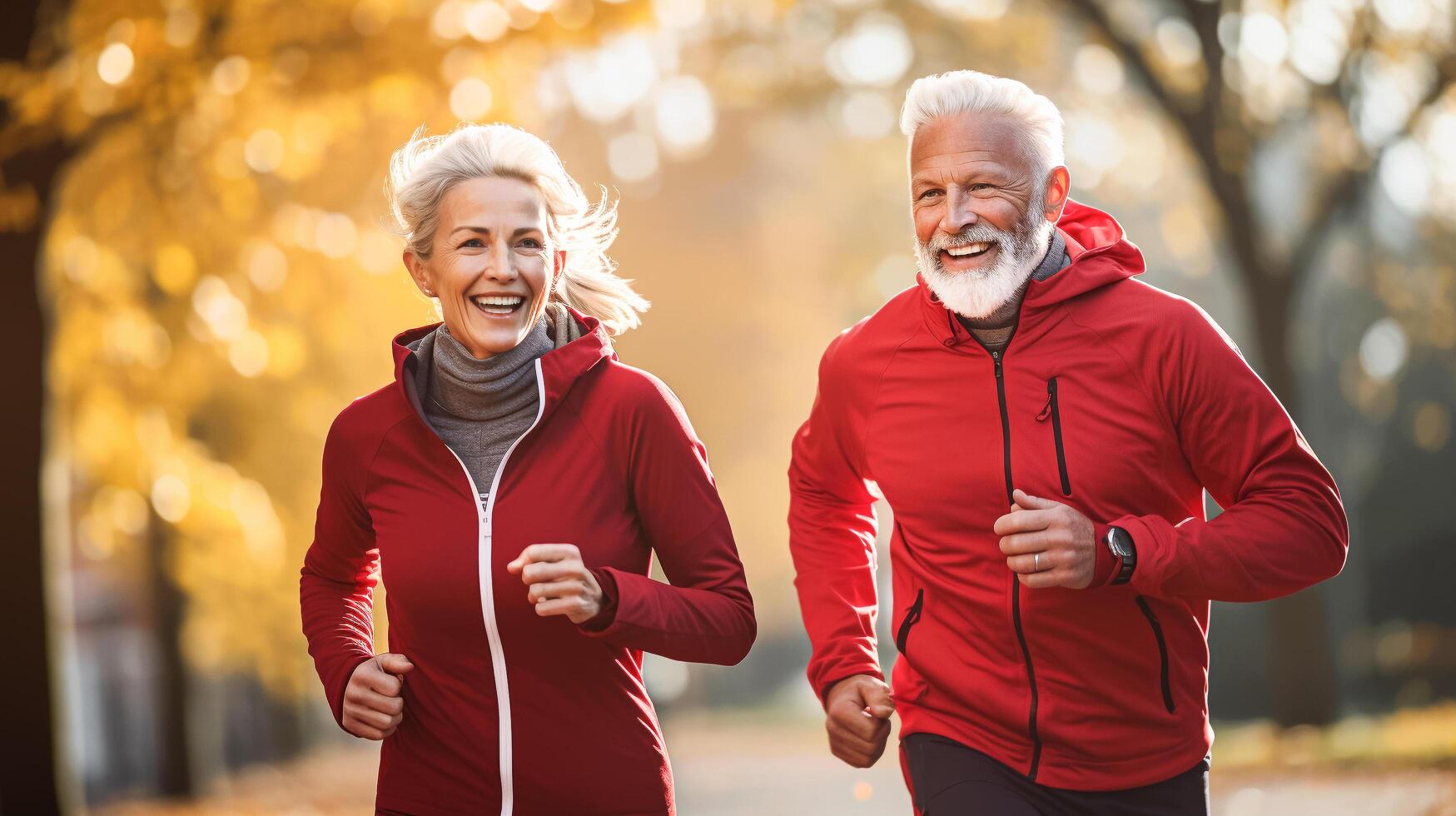 ai gerado sorridente Senior casal correndo dentro a parque. Esportes Atividades ginástica exercícios para idosos pessoas foto