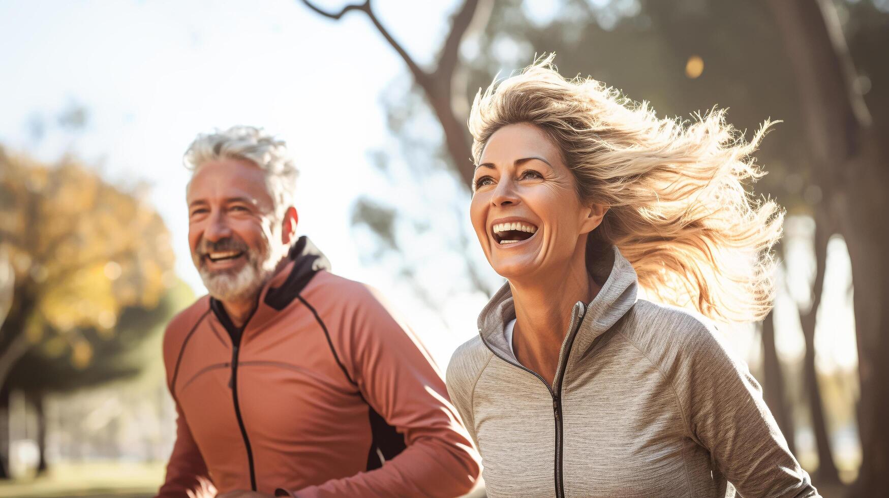 ai gerado sorridente Senior casal correndo dentro a parque. Esportes Atividades ginástica exercícios para idosos pessoas foto