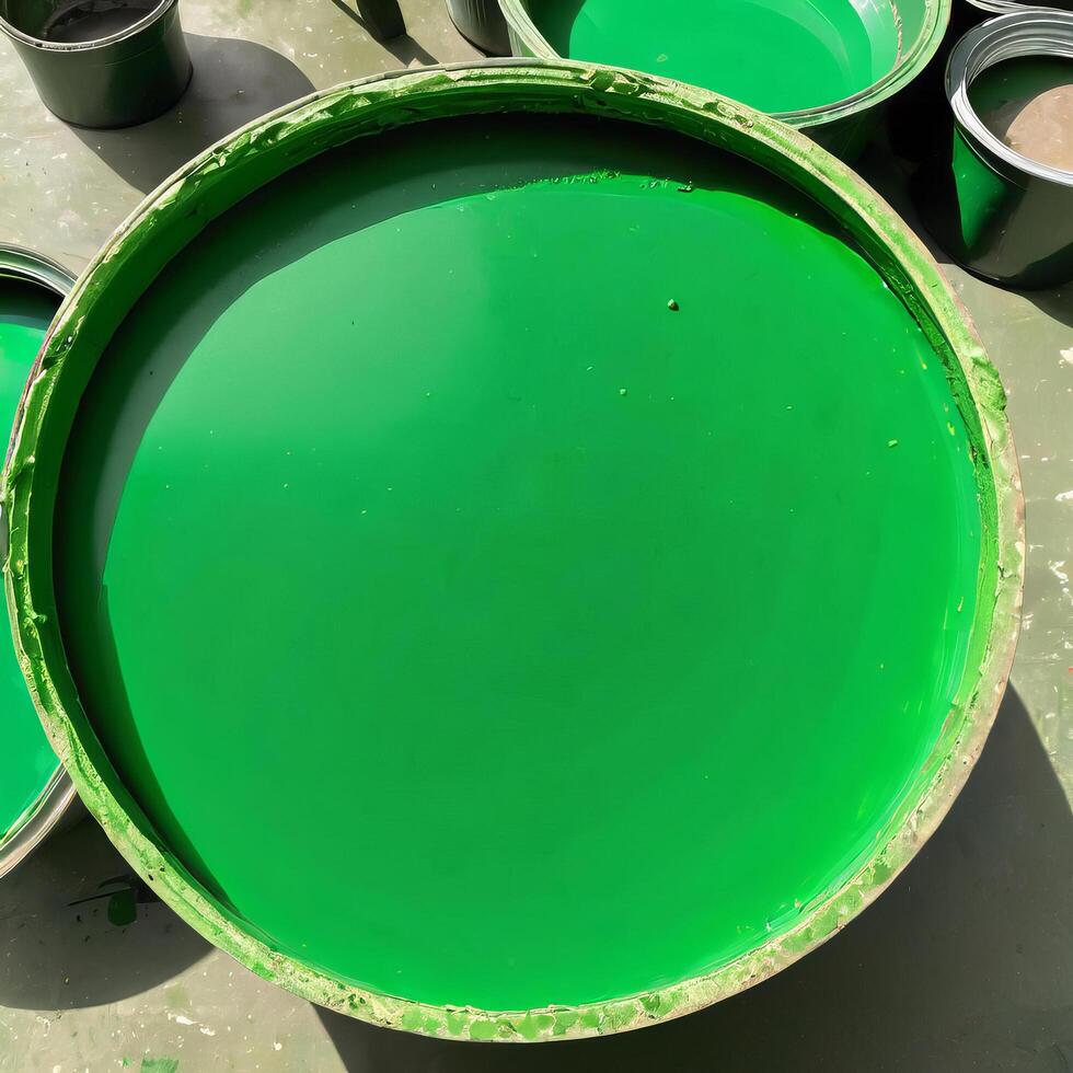 ai gerado uma ampla pode do verde óleo cor em uma concreto chão, renovação dentro a apartamento. foto