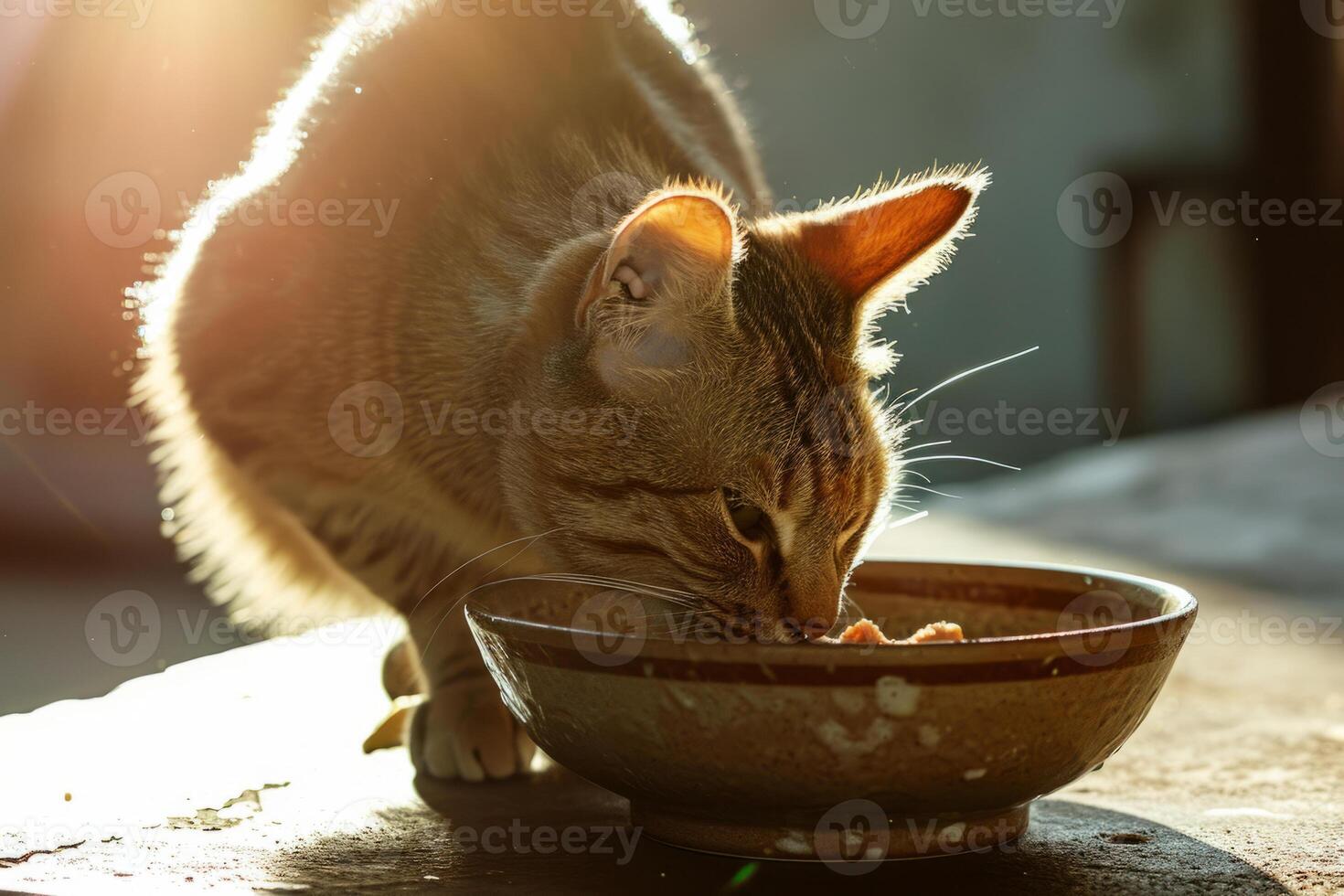 ai gerado gato come Comida a partir de uma tigela. fofa doméstico animal. generativo ai foto