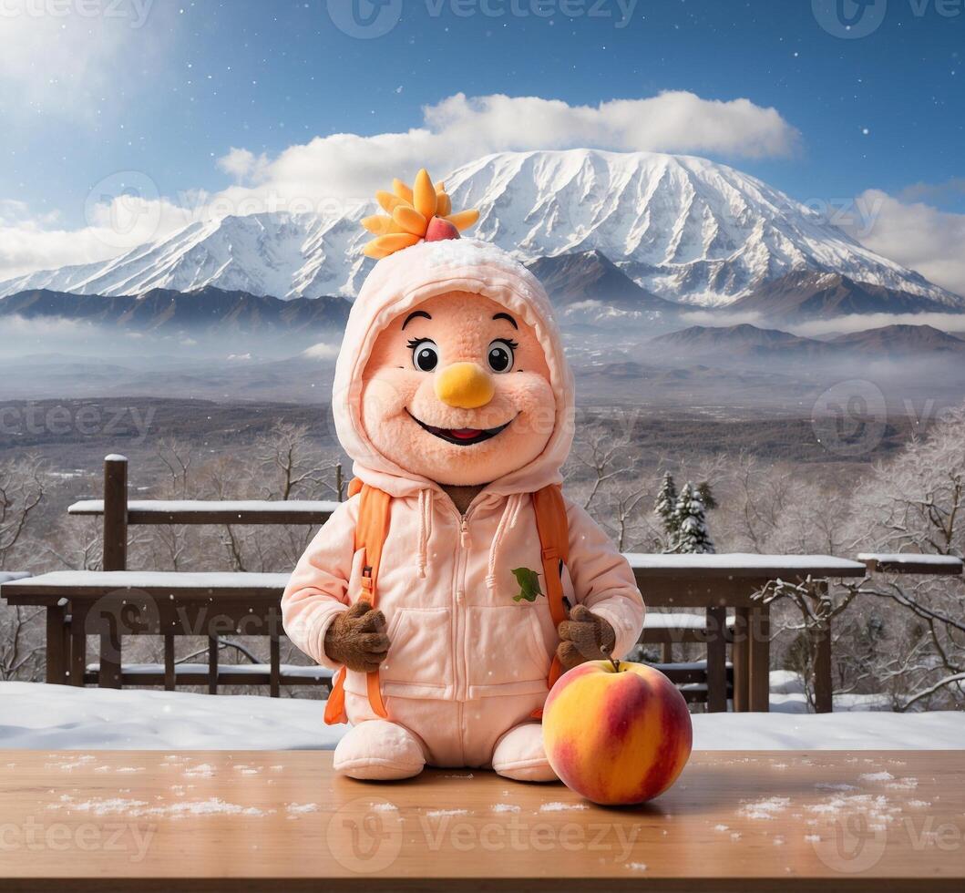 ai gerado engraçado pêssego mascote personagem com pêssego e mt. Fuji dentro a fundo foto